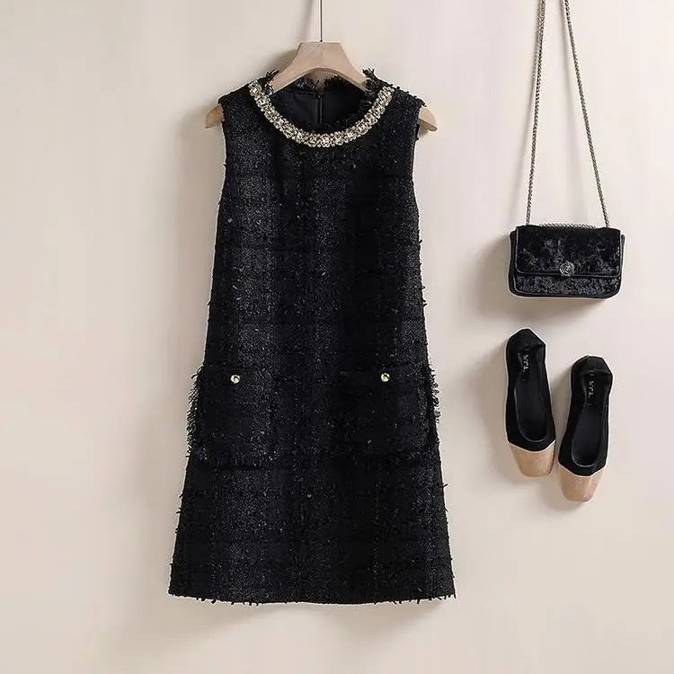 O-Neck Beaded Tweed A-Line Dress With Pockets for Women