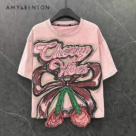 Design Sense 3D Fruit Short-sleeved T-shirt Women's Loose Casual Versatile Crew Neck Top 2025 Summer New Kawaii Tshirts Pullover