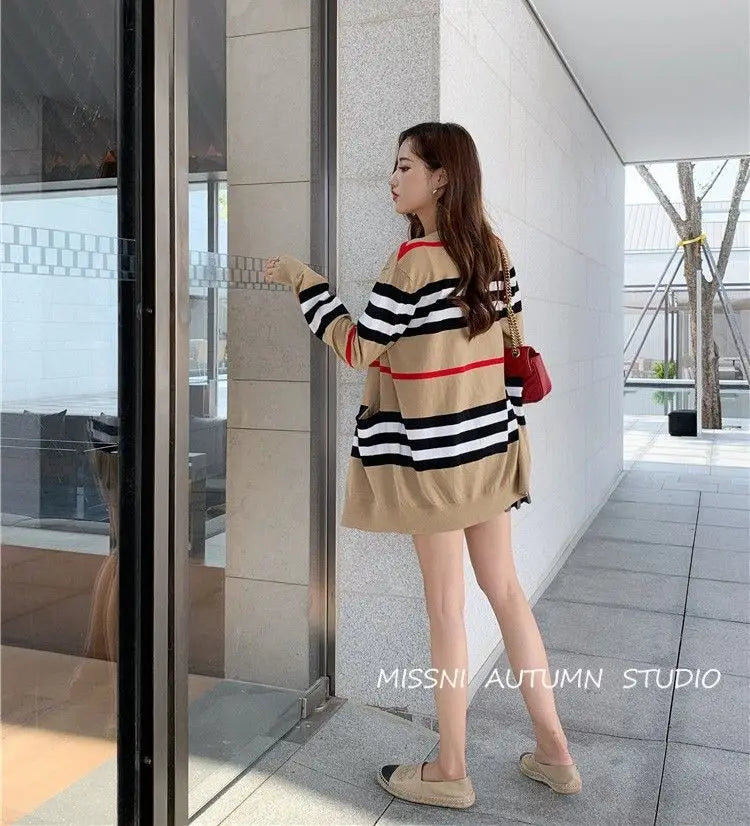 Women's Coat Spring and Autumn Classic Striped Color-block V-neck Mid-length Knitted Cardigan Loose Sweater Coat