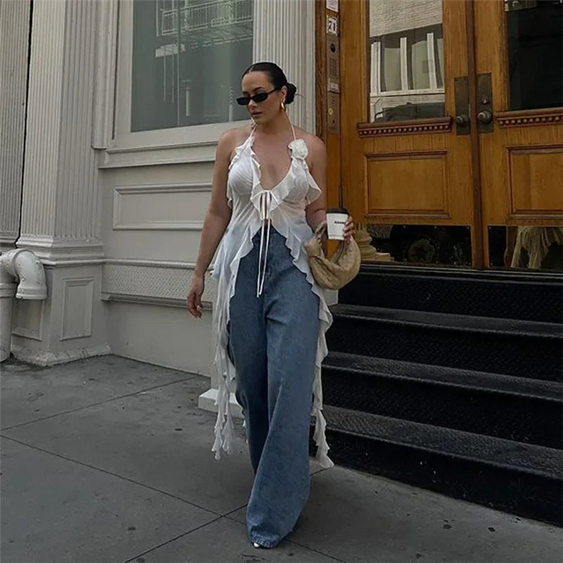Y2K Sheer Mesh Spaghetti Strap Camisole Top White Ruffle Fringe Halter Tops Coquette Fairy Core Clothes 2024 Fashion