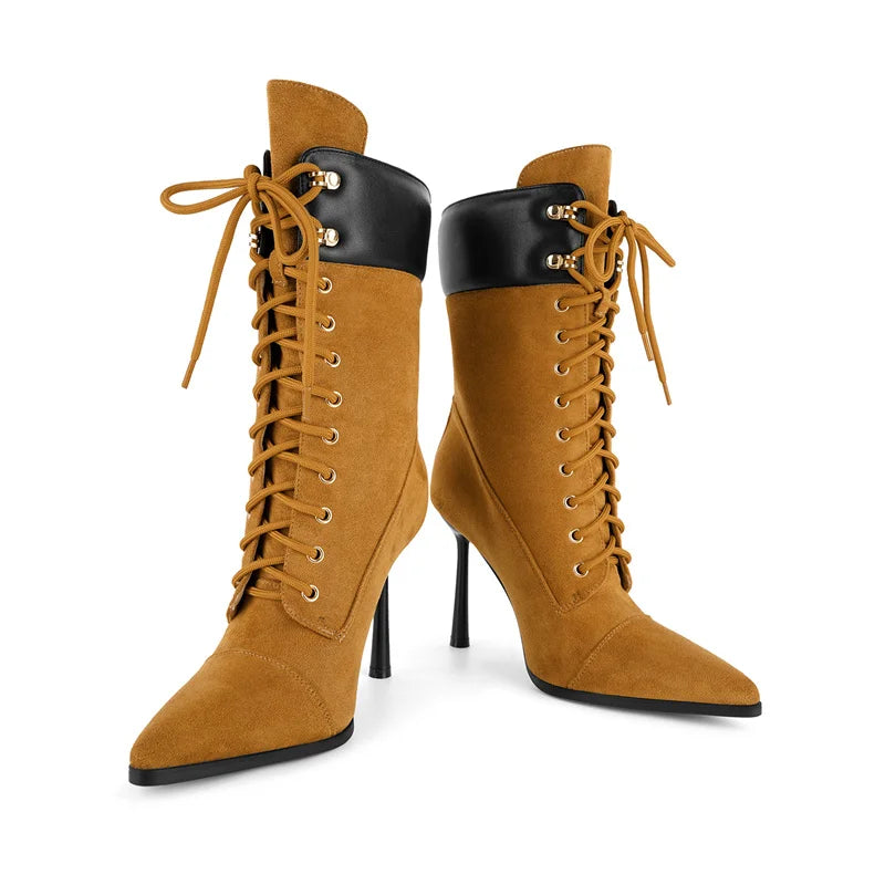 Pointed Toe Lace Up Stiletto Mid Calf Boots for Women