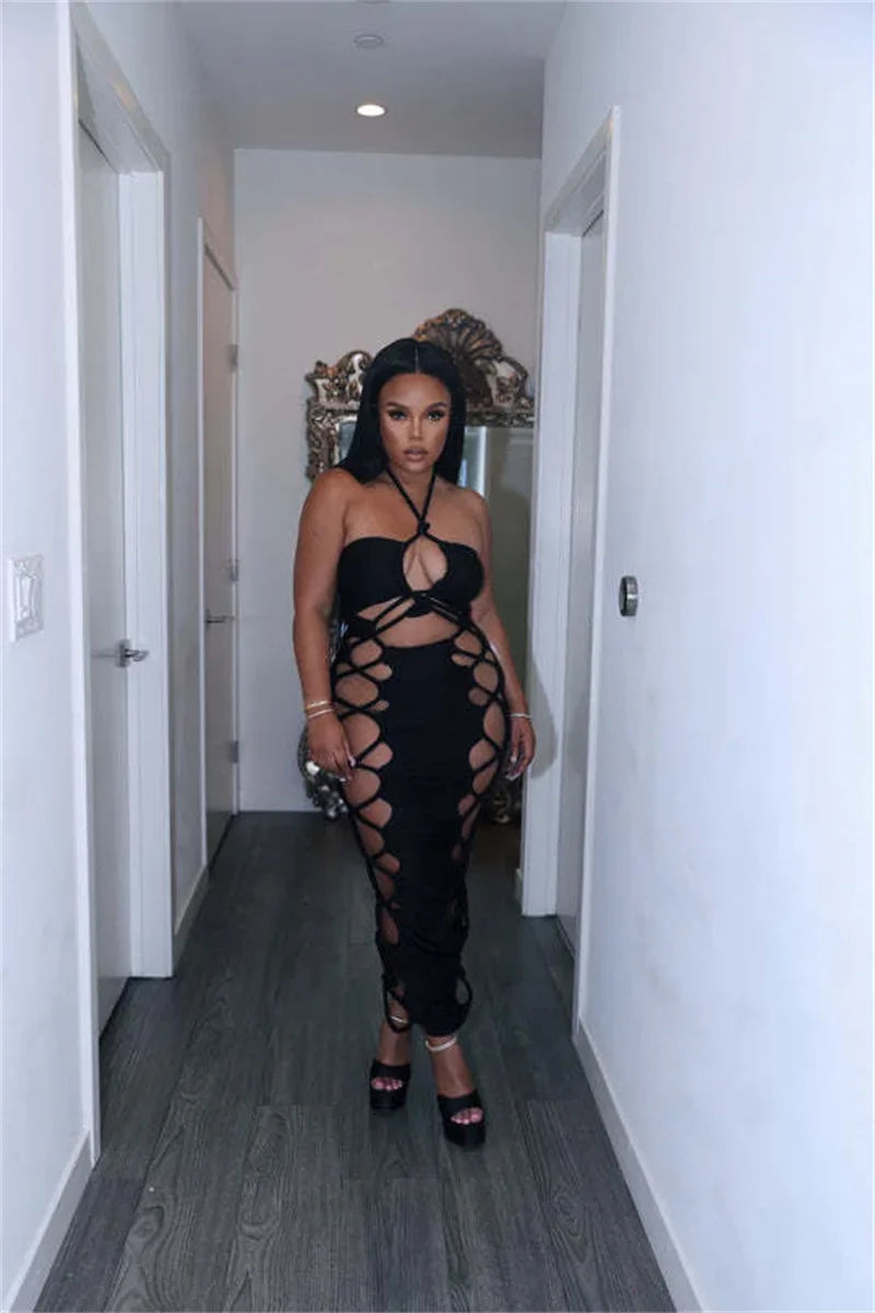 Solid Lace Up Caged Halter Backless Zipper Ruched Midi Dress for Women