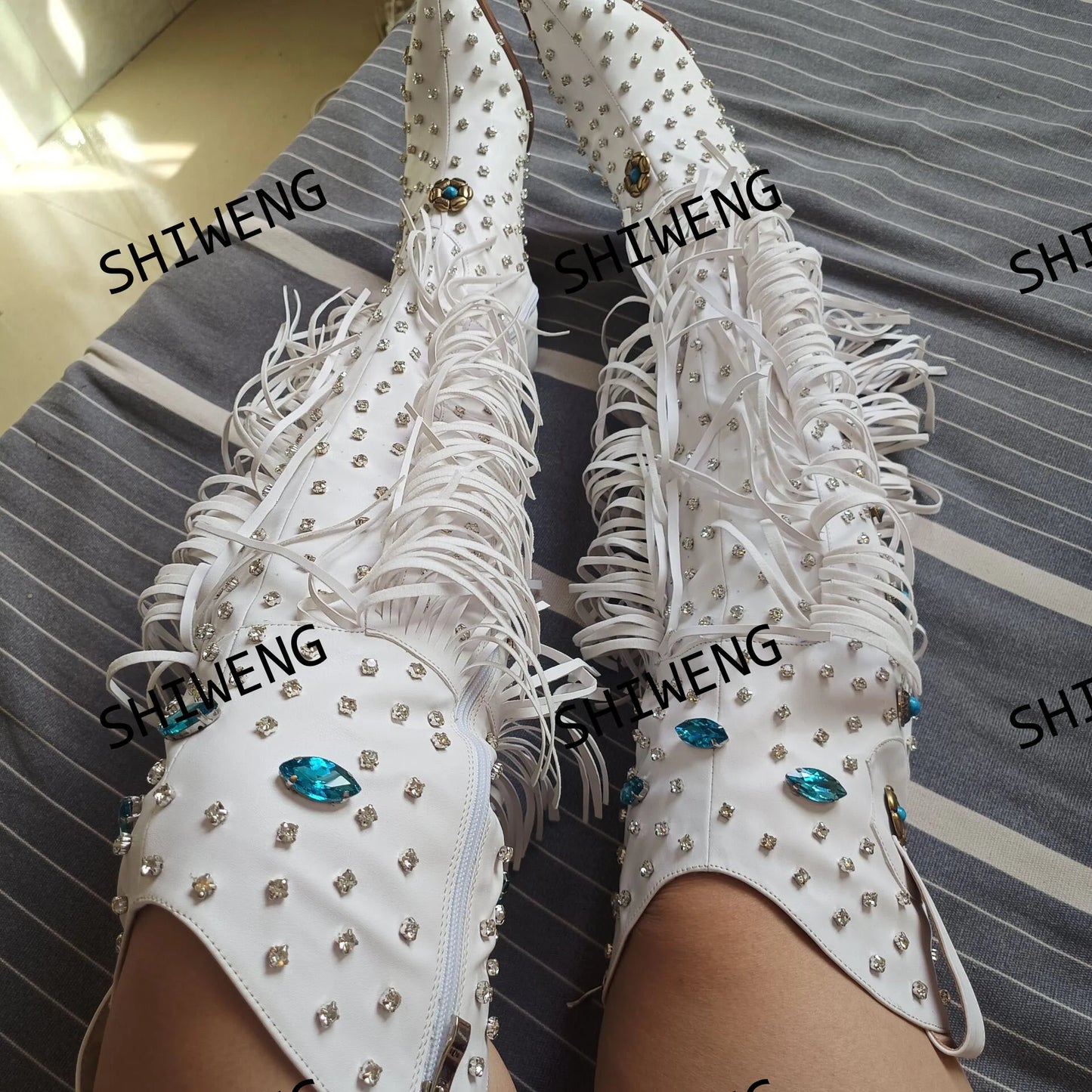 2025 Diamond Fringes Western Boots Women Sparkly Block High Heels Crystal Trim Shoes Ladies Winter Pointed Toe Knee High Boots