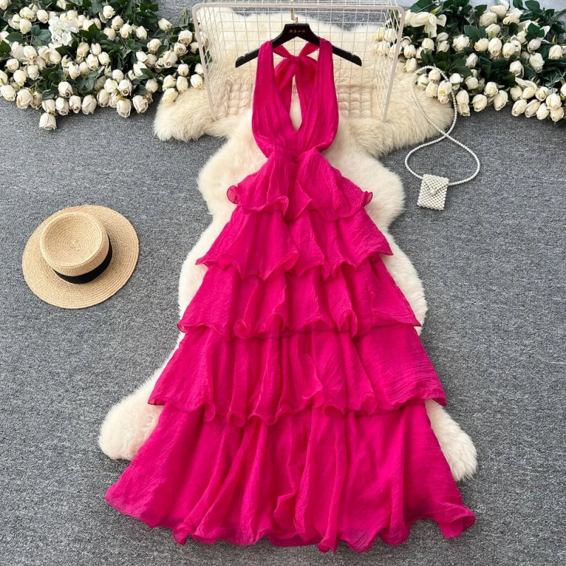 Sleeveless Halter Neck Ruffled Midi Dress for Women