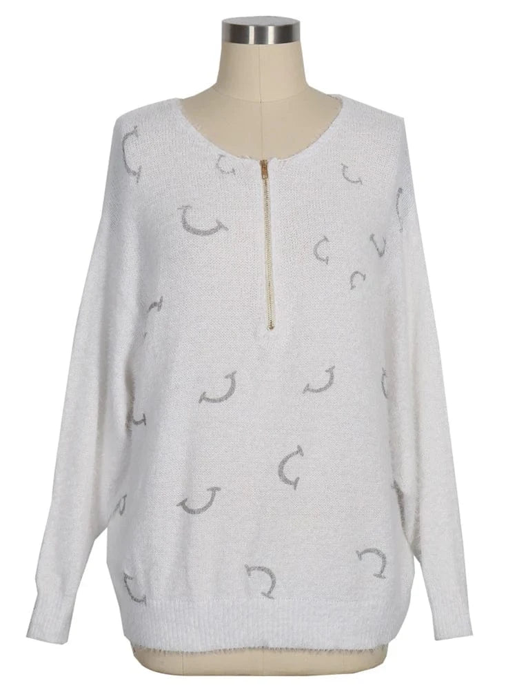 Women's V Neck Long Sleeve Sweater Casual Loose Fit Pullover Sexy Zipper Warm Knit Printed 2024 Fashion Trend for Women