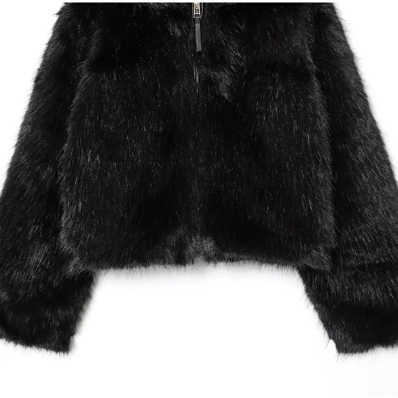 Winter Warm Hooded Faux Fur Long Sleeve Coat with Zipper for Women