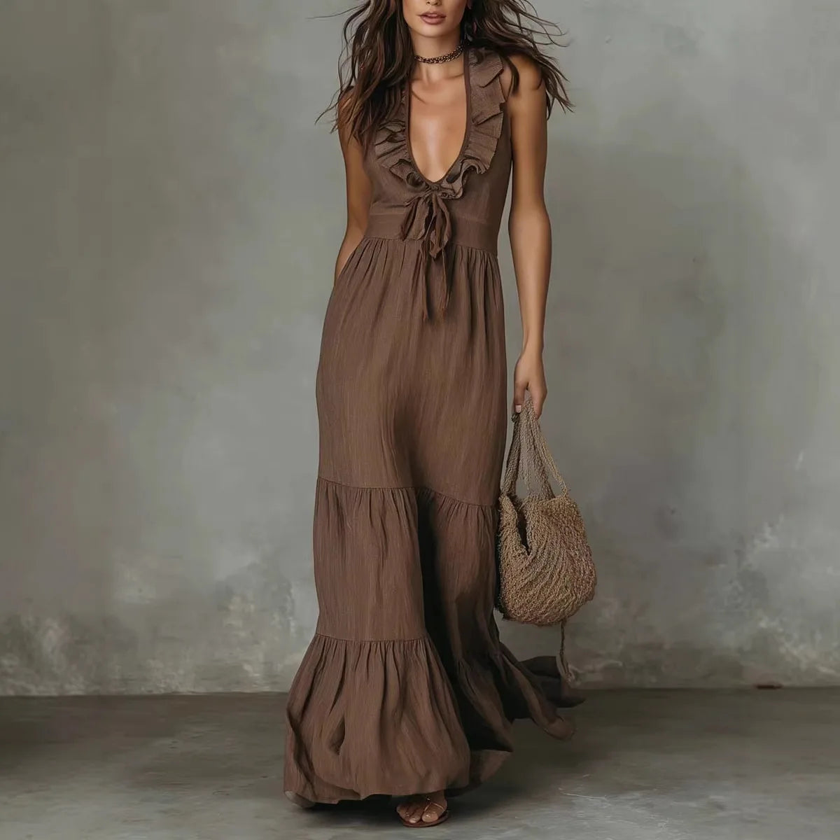 Halter V-Neck Tiered Ruffle Maxi Dress with Tie Waist for Women