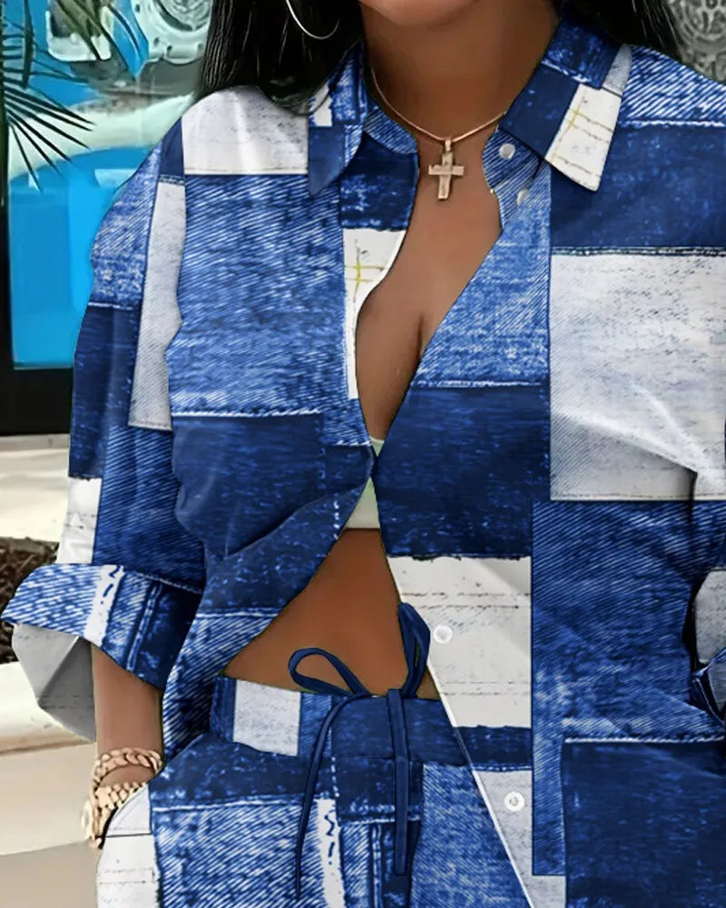 Casual Geometric Print Shirt Shorts Two Piece Set for Women
