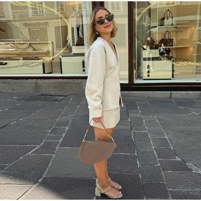 Elegant Knit Two Piece Set With Front Cutout and V Neck For Women