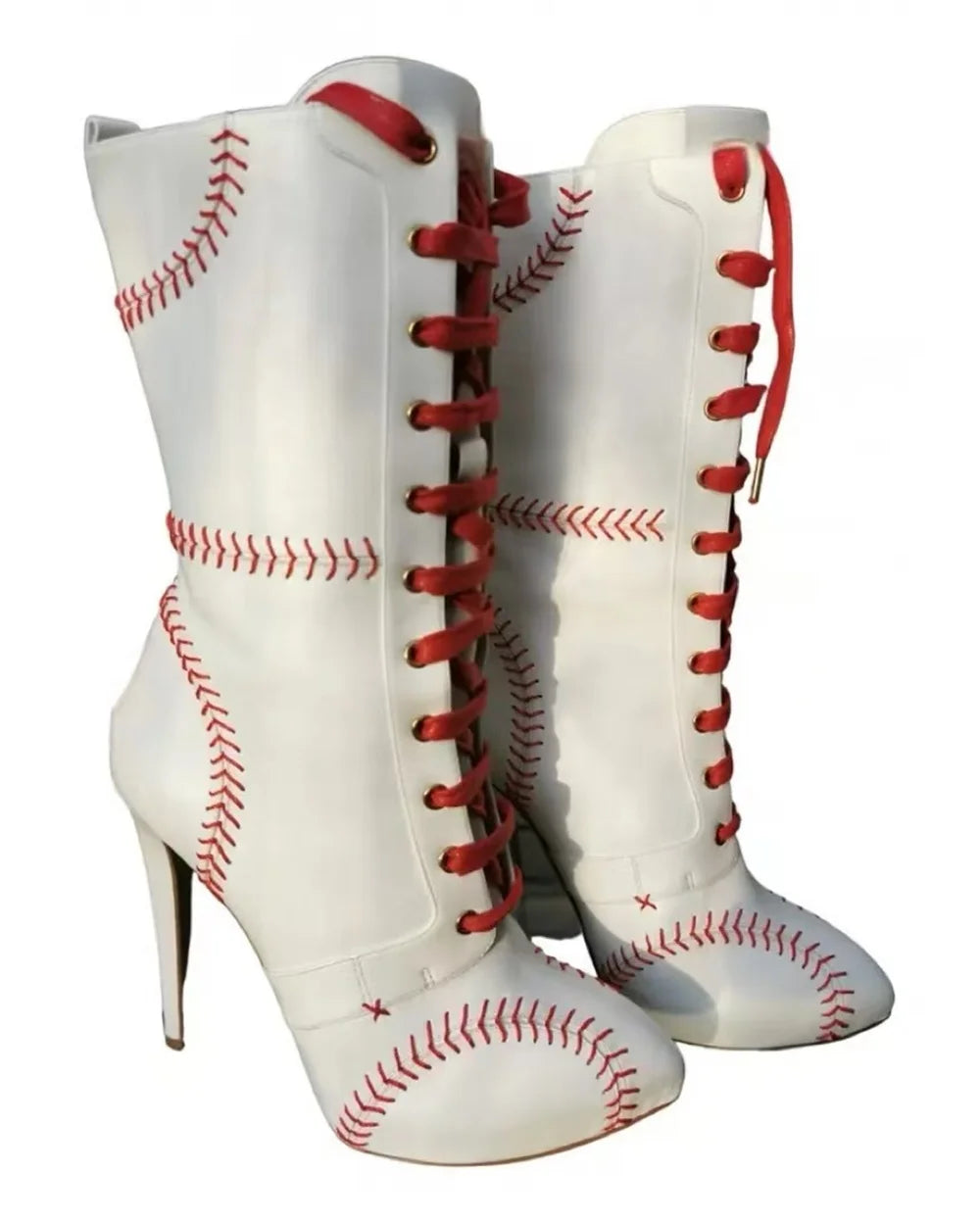 White Red Baseball Lace Stiletto Boots