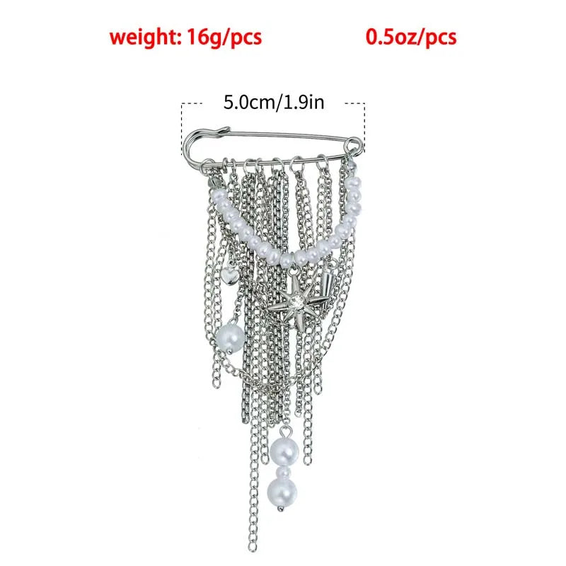 Layered Pearl Heart and Star Tassel Brooch for Women