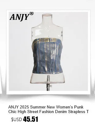 ANJY Summer New Women Y2K Streetwear Ins Fashion Sexy Hot Lace Patchwork Denim Camisole Vest Casual Drawstring Fifth Pants A7219