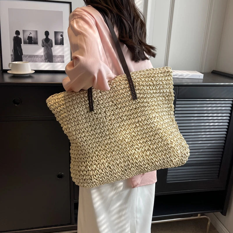 Large Capacity Straw Woven Shoulder Tote Bag for Women