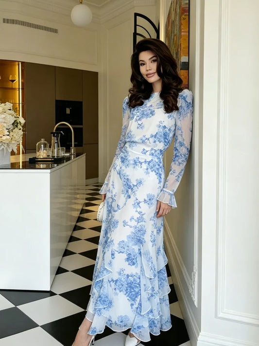 Flowing Ruffle Print Long Sleeve Maxi Dress