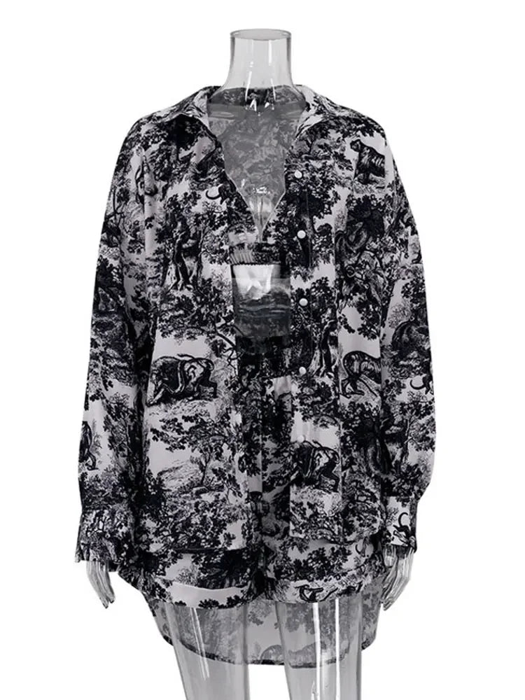 Casual Retro Ink Print Shirt and Shorts Set for Women