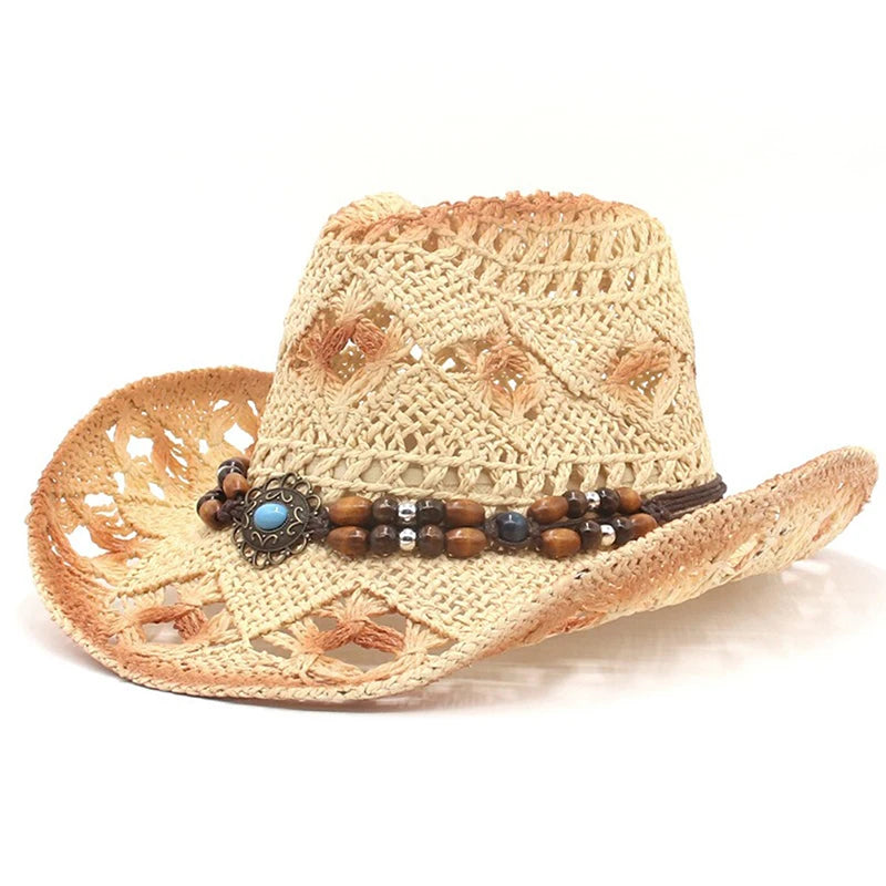 Creative Curled Straw Ethnic Beaded Chain Cowboy Hat for Women