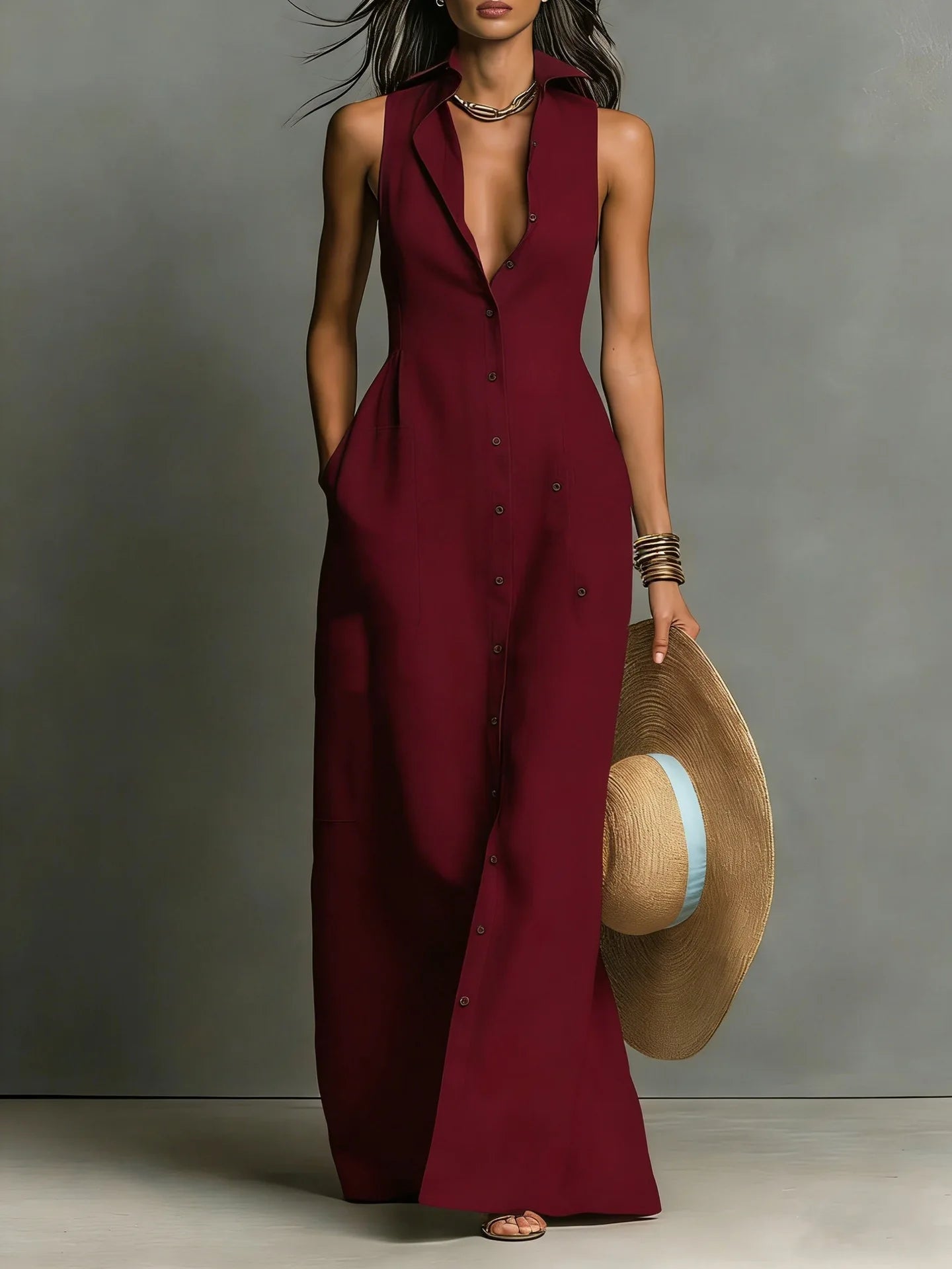 Elegant Deep V Neck Button Pocket Maxi Dress for Women