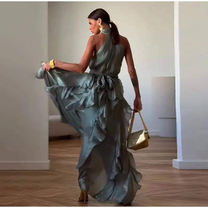 Cascading Ruffle Pleated Maxi Dress with Lace Up for Women