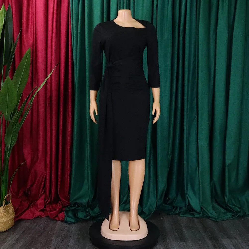 Office Dresses for Woman 2024 New Skew Collar Full Sleeve Sashes Sheath Package Hips Mid Calf Professional Business Work Dress
