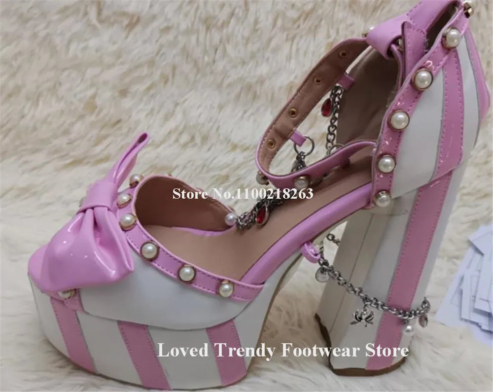 Striped Peep Toe Platform Sandals With Bow Detail for Women