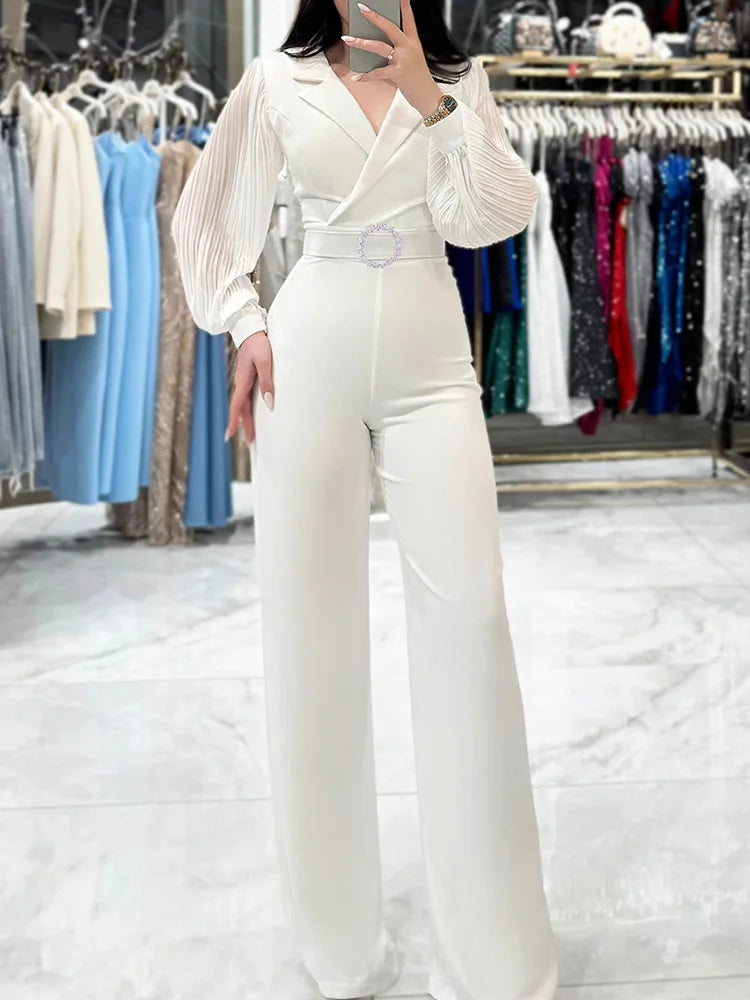 Long Sleeve V Neck Wide Leg Jumpsuit for Women