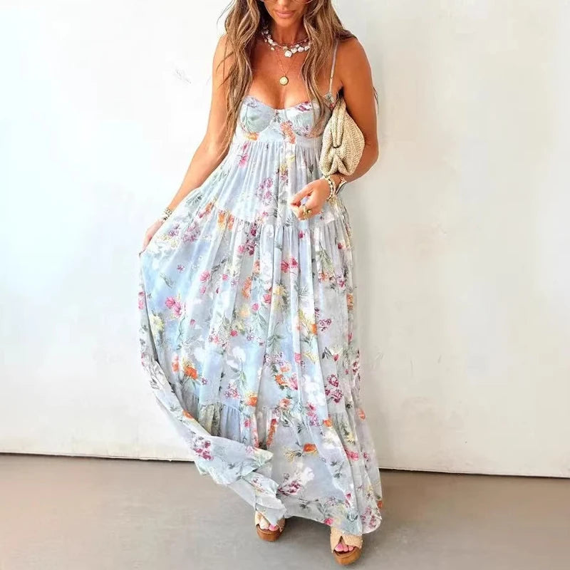Off Shoulder Pleated Bohemian Maxi Dress for Women