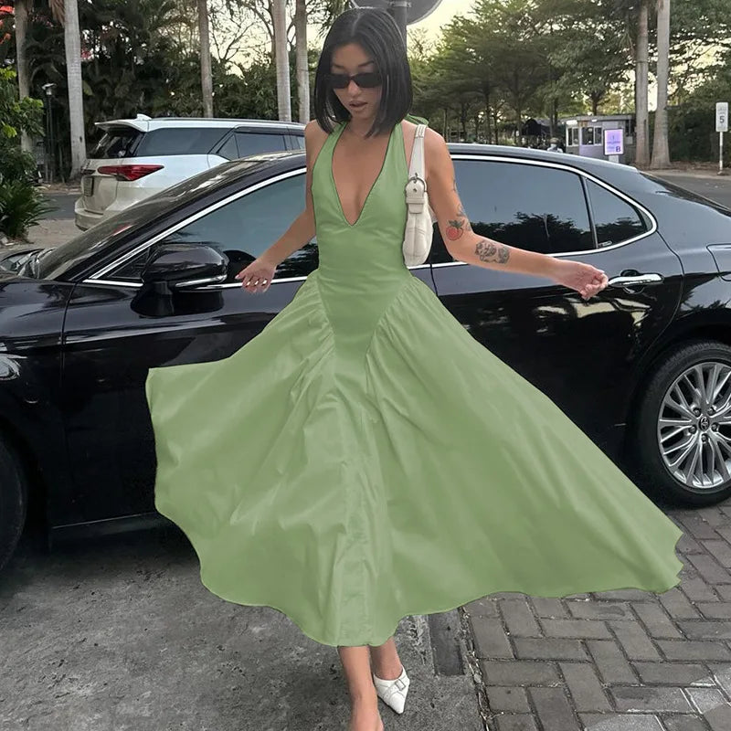 Elegant Halter V Neck Backless Maxi Dress For Women