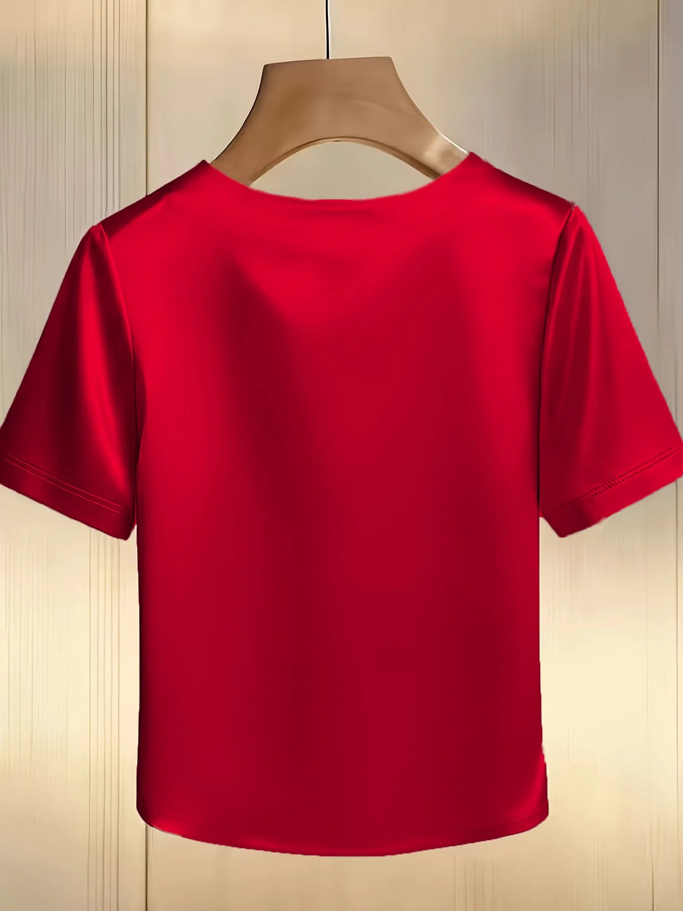 Satin Round Neck Pearl Beaded Decor Short Sleeve Top for Women
