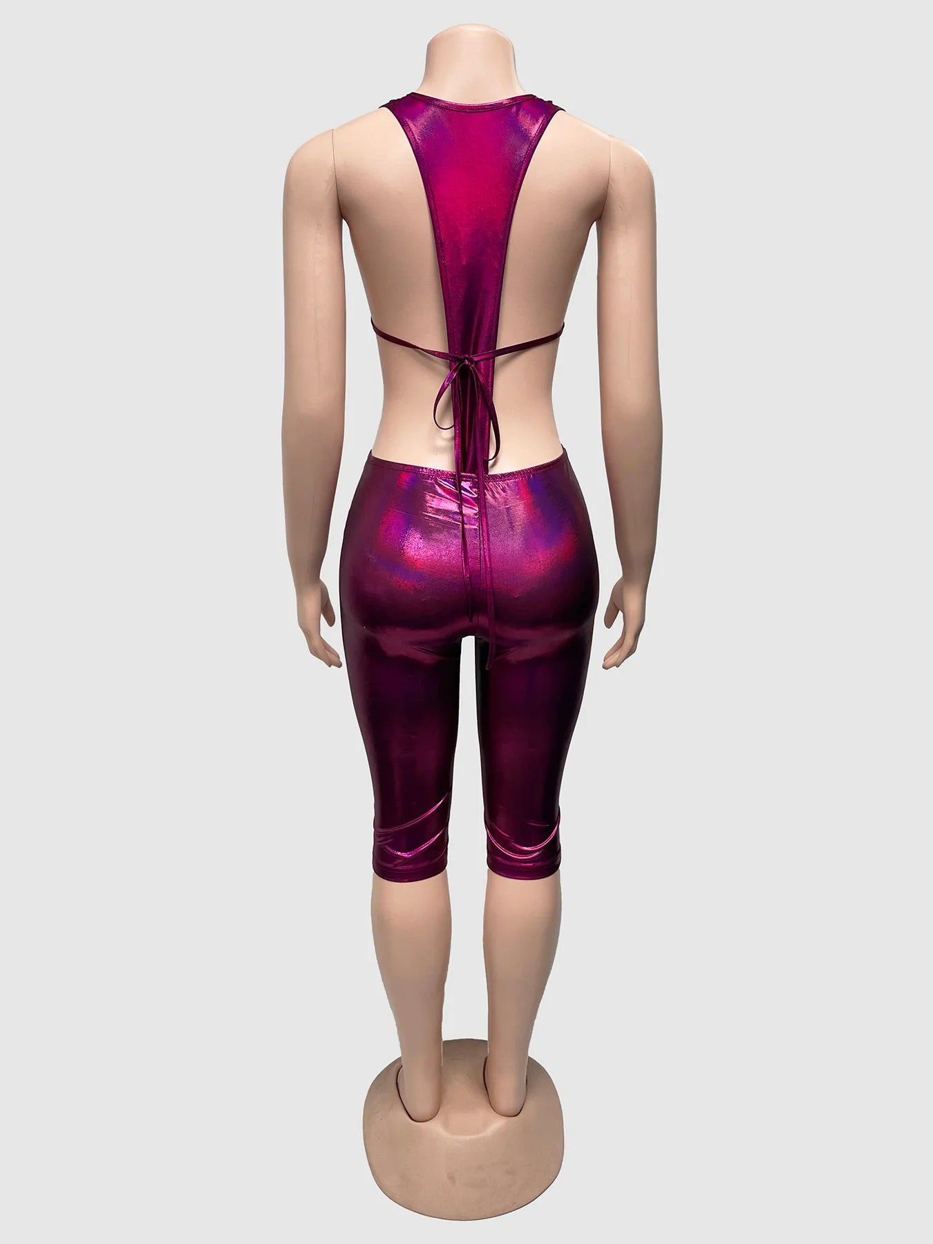 Weird Puss Sexy Women 2 Piece Set Halter Silky Hollow Sexy Backless Sleeveless Bodysuit+Bike Shorts Midnight Matching Clubwear