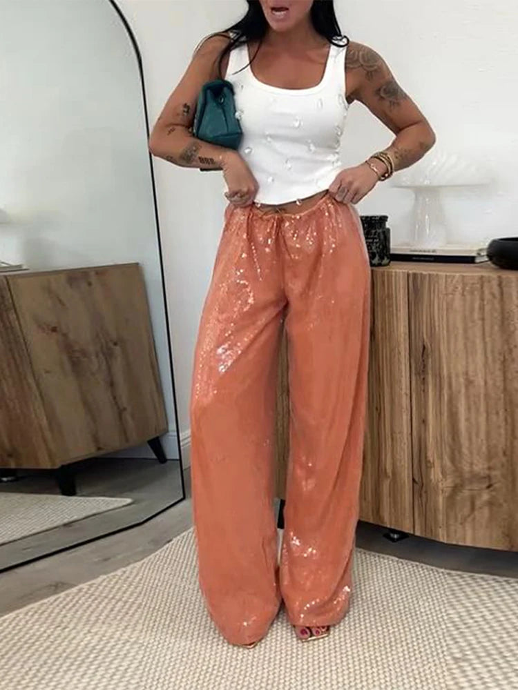Casual Sequin Pants Women Loose Elastic Waist Wide Legs Trousers Female 2025 Spring Summer Fashion Chic Solid Streetwears Lady