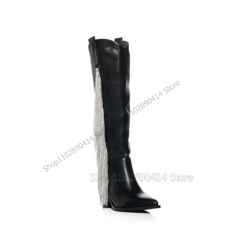 Crystal Tassel Black Leather Pointed Toe Knee High Boots Chunky Heels For Women