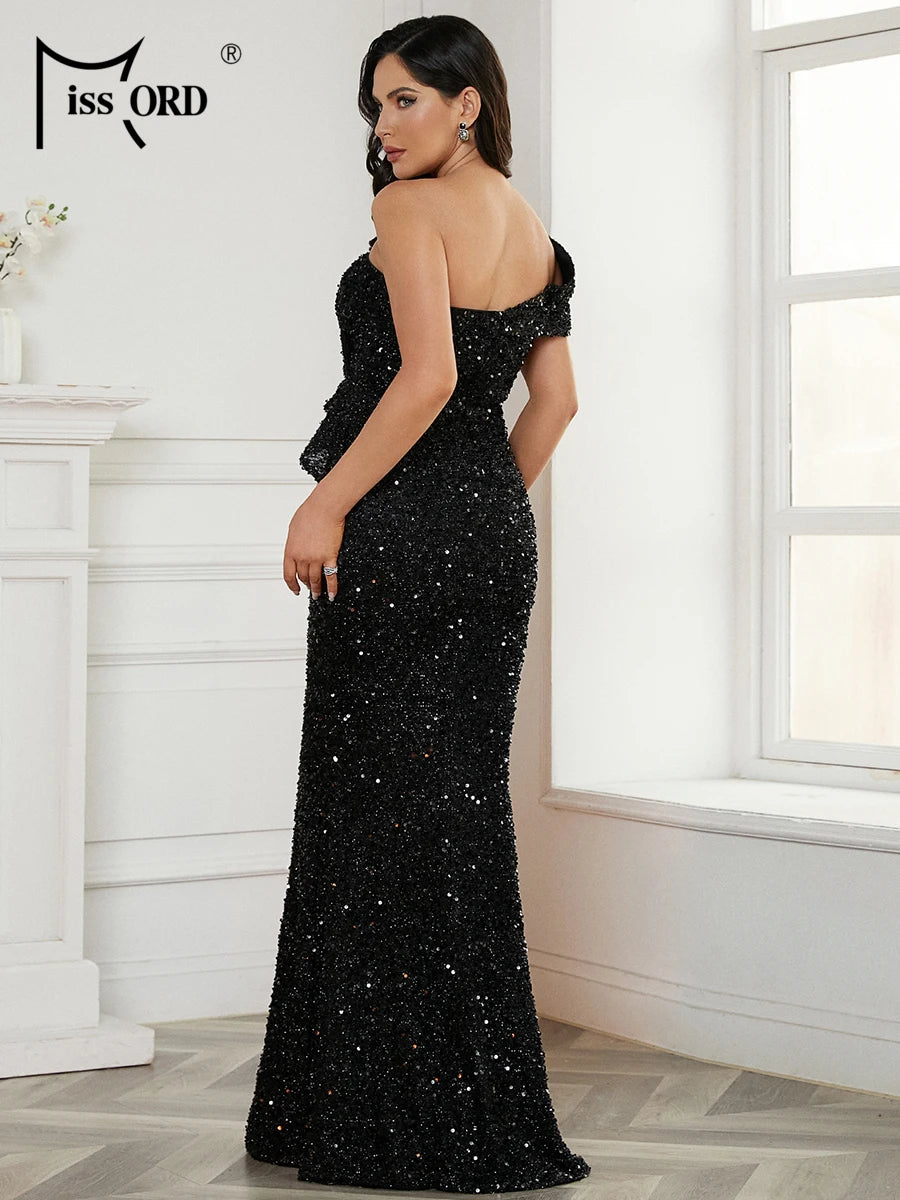 Missord Orange Sequin Evening Dresses Elegant Women One Shoulder Sleeveless Ruffle Bodycon Mermaid Party Dress Long Prom Gown