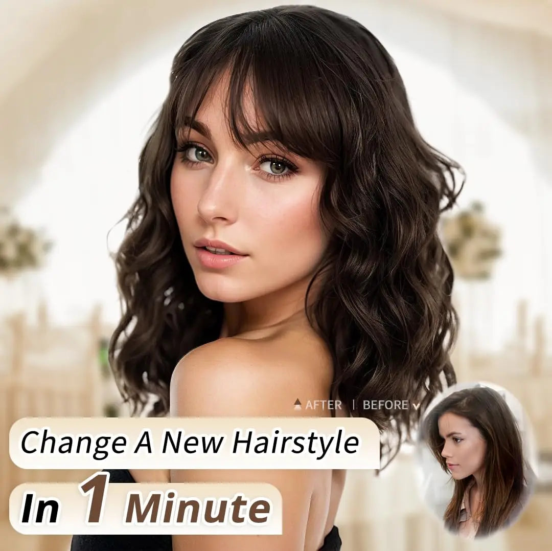 Natural Brown Synthetic Curly Wavy Bob Wig With Bangs For Women