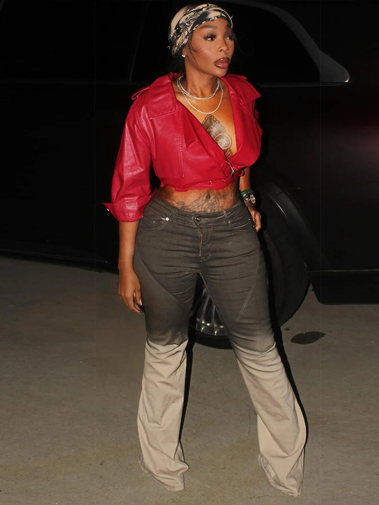 Elegant Belted Faux Leather Cropped Jacket for Women