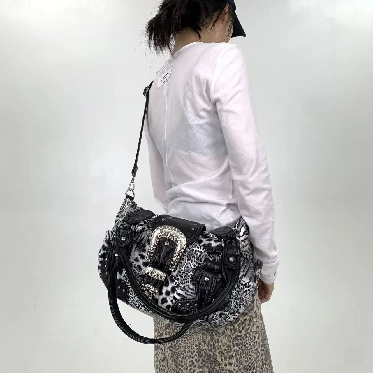 Leopard Print Patchwork Tote Bag with Pockets for Women