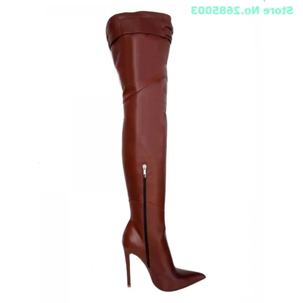 Pointed Toe Solid Leather Over The Knee Boots For Women