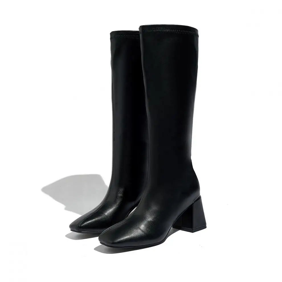 Black Square Toe Knee High Boots