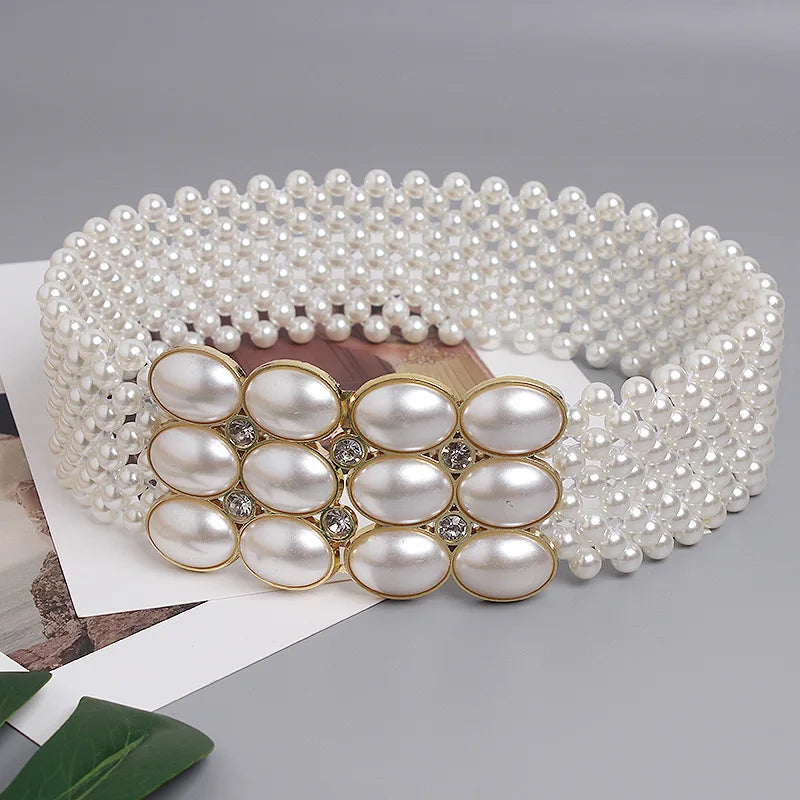 Pearl Embellished Elastic Waist Chain Belt for Women