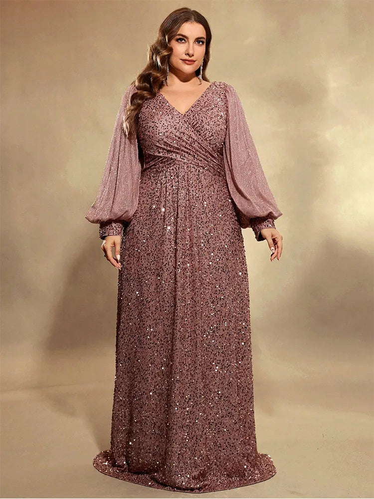 Plus Size V Neck Sequin Evening Dress