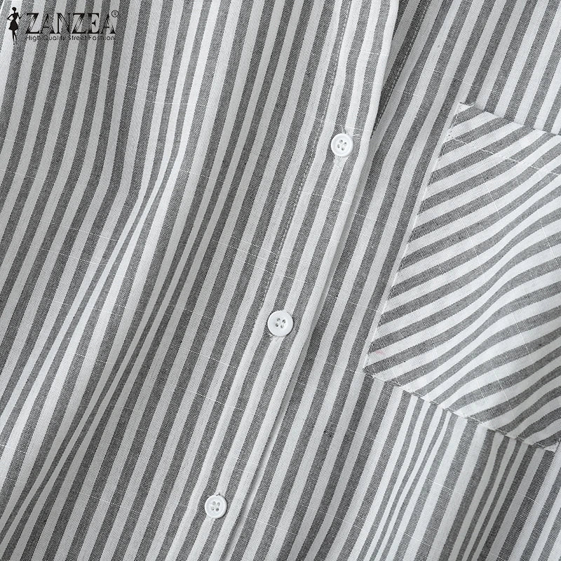 ZANZEA Women Casual Striped Shirts 2025 Summer 3/4 Lantern Sleeves Turn-Down Collar Chemises Femme Commute Office Work Tops