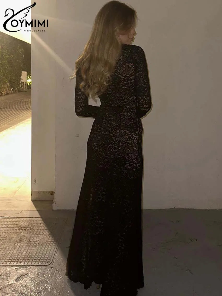 Oymimi Sexy White Lace Women's Dress Summer New Slim Square Neck Long Sleeve Dresses Fashion Straight Floor-Length Dress Female