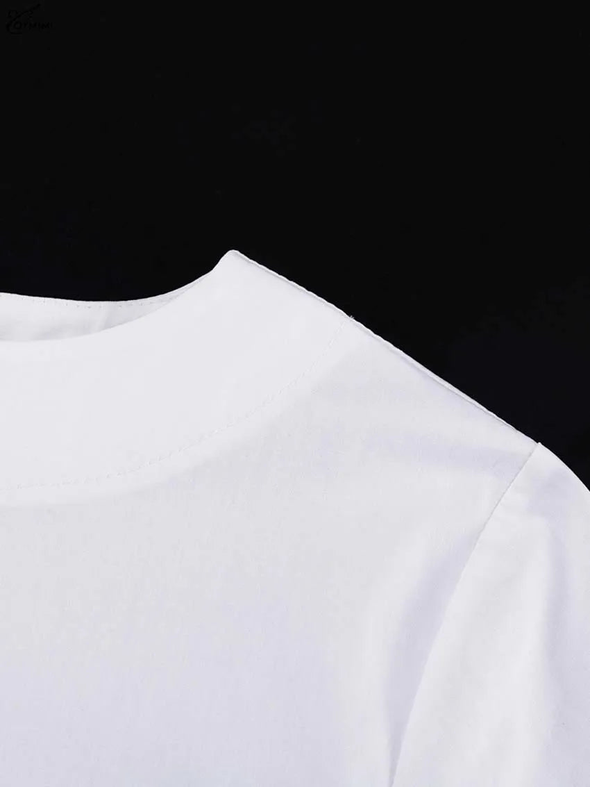 Oymimi Fashion Black Cotton Women's Blouse Elegant O-Neck Long Sleeve Loose Blouses Casual New Solid Lace-Up Blouses Streetwear