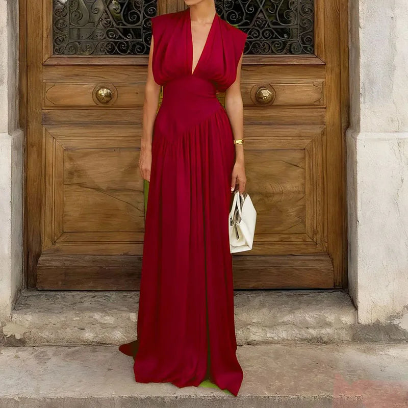 Deep V Sleeveless Pleated Satin High Waisted Evening Dress for Women