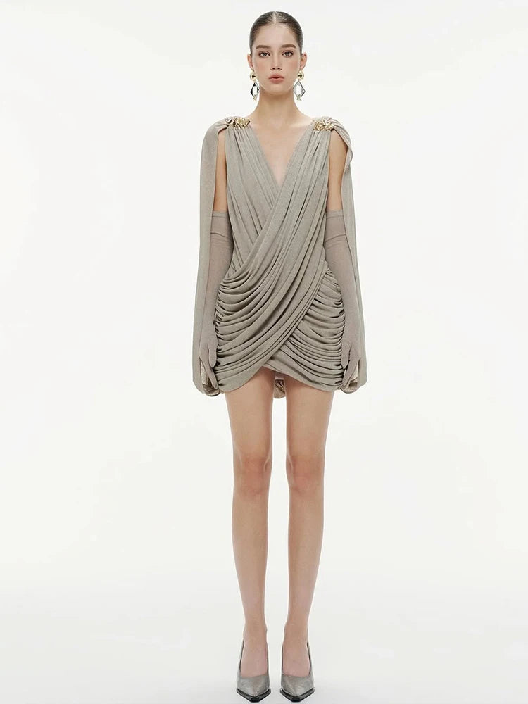 Ruched Elegant Mini Dress with Sleeve Cover for Women