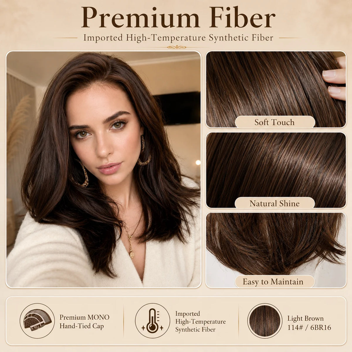 Light Brown Layered Synthetic Mono Top Wig for Women