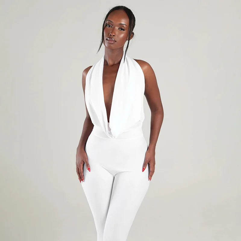 Ruched Halter Neck Lace-Up Capri Jumpsuit for Women