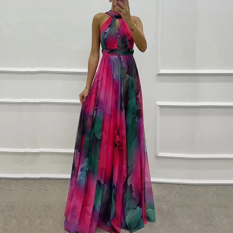 Elegant Lace Up Pleated Boho Print Evening Dress for Women