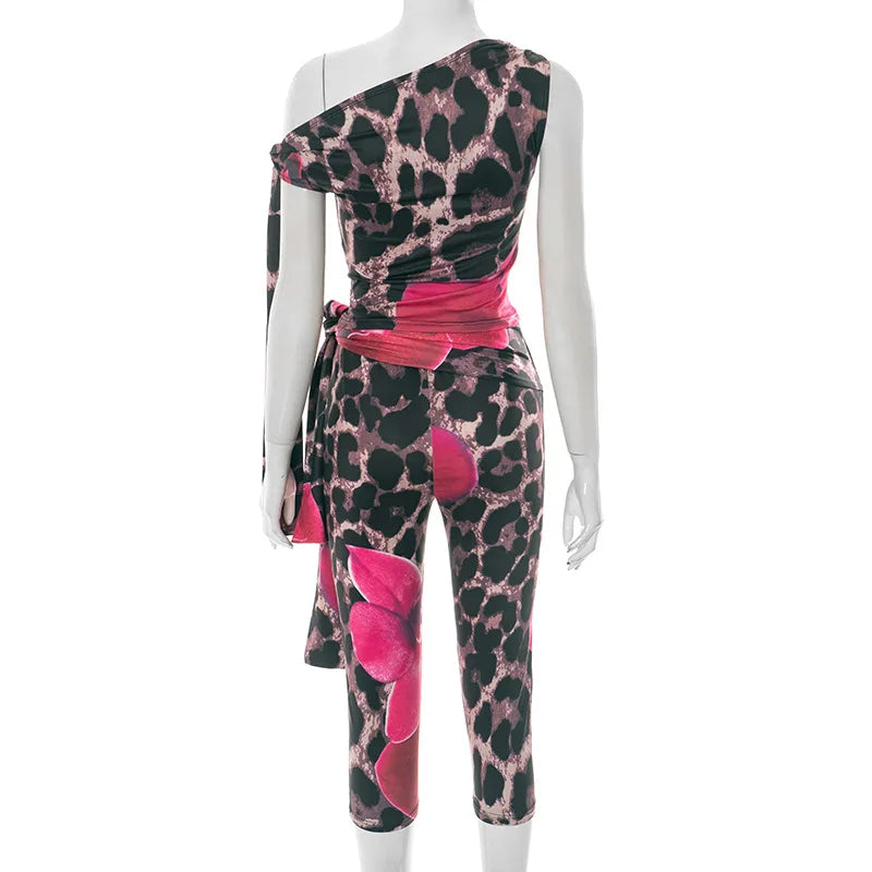 FAGADOER Sexy Leopard Floral Print Two Piece Outfits Woman Skew Collar Bandage Tank Tops + Skinny Pants Matching Streetwear New