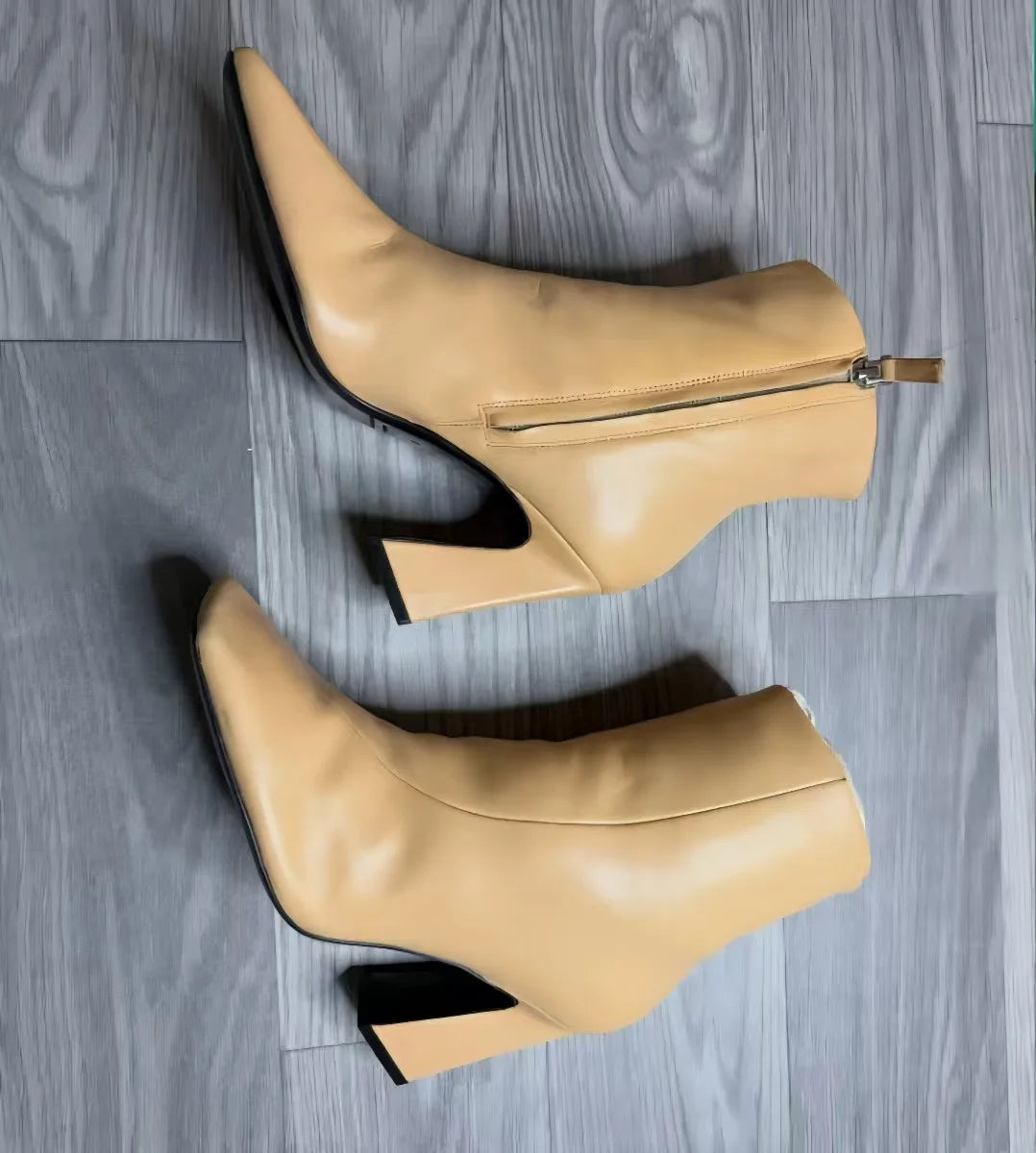 Khaki Leather Chunky Heel Ankle Boots
