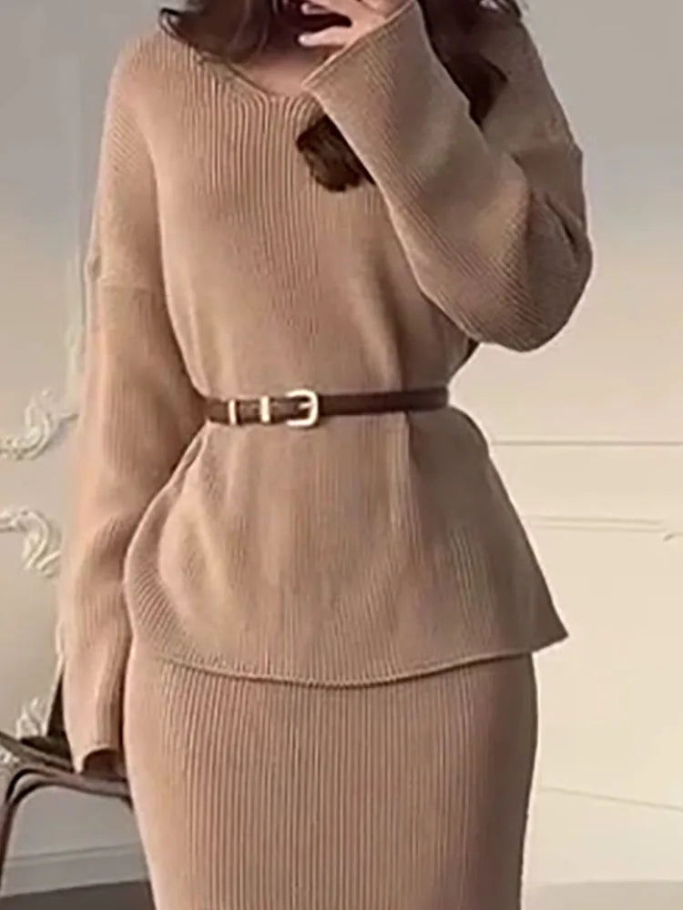 2025 autumn and winter new solid color V-neck women's top slim fit close to the buttocks long skirt+gentle sweater set